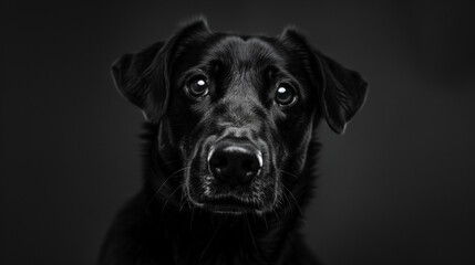 Fototapeta premium Dark black and white portrait of a dogs head on black background. Generative AI