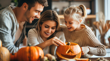 A happy family is carving Jack-o'-lantern pumpkins together for the Halloween event. Bright atmosphere with light form a window.