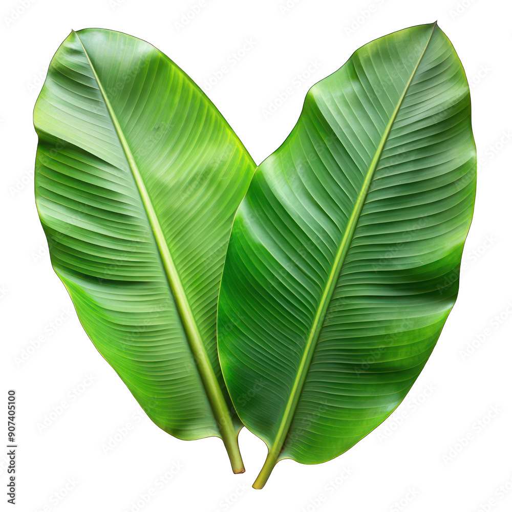 Wall mural two large banana leaves top view isolated on transparent background