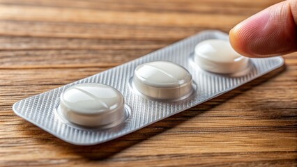 Closeup of a single white pill being pushed out of a blister pack on a clean wooden table surface alone.