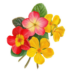 Beautiful Botanical Illustration of Vibrant Flowers with Lush Green Leaves - Perfect for Nature and Garden Enthusiasts