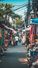 Obraz premium Busy street market in Thailand with colourful goods and people.