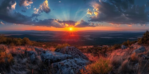 Sweeping Sunset Panorama at Dusk, Capturing the Serene Transition of Day to Night on the Horizon