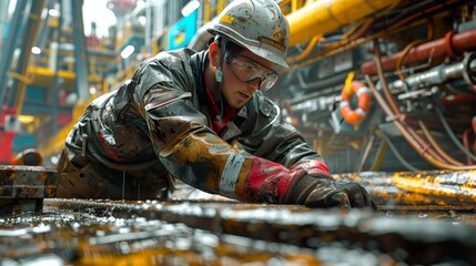 Worker Engaged in Maintenance Tasks on Offshore Oil Rig During Rainy Weather Conditions. Generative AI