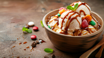 Vanilla ice cream in bowl with chocolate and mint on wooden background, Chocolate ice cream with raspberry and mint in bowl on wooden table