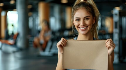 Smiling woman holding blank sign in gym, ready for custom message. Fitness and advertisement concept.