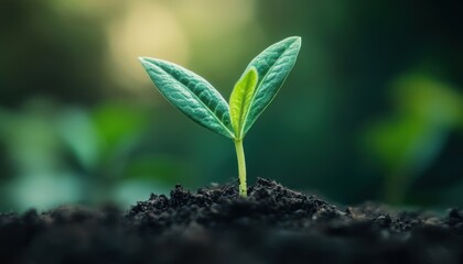 Fototapeta premium Single green sprout emerging from soil on a clean, minimal background, symbolizing growth, sustainability, and the environment