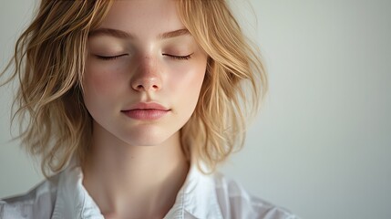 A calming close-up portrait of a blonde-haired woman in a white shirt, eyes closed, reflecting inner peace