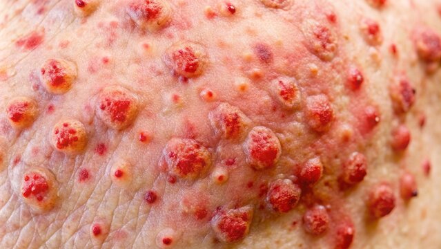 Macro close-up of blistered skin lesions and red inflamed patches on a white background representing pemphigus disease symptoms.