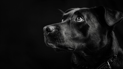 Dark black and white portrait of a dogs head on black background. Generative AI