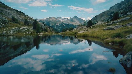 Fototapeta premium Serene Drone Shot of Alpine Lake Reflecting Majestic Mountains in Tranquil Retreat