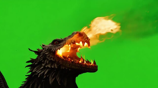 Sparks fly as a mythical creature breathes out a scalding stream of flames leaving behind a trail of destruction. Green screen chromakey
