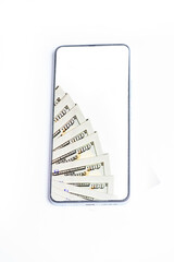 Smart phone and US one hundred dollar lock by phone screen isolated on white background