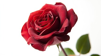 Single beautiful red rose isolated on a white background, showcasing its vibrant color and delicate petals