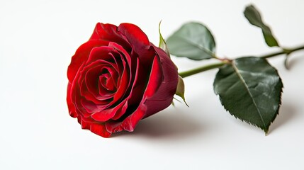 Single beautiful red rose isolated on a white background, showcasing its vibrant color and delicate petals