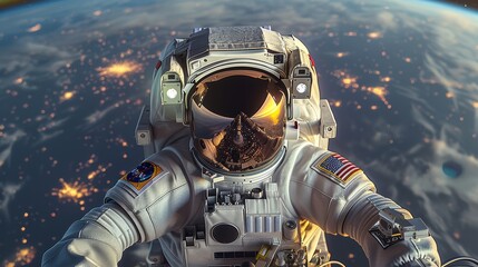 Astronaut Conducting Extravehicular Activity Above Earth at Night With City Lights Visible. Generative AI