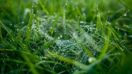 Ethereal Dew-Covered Spider Web in the Morning Grass from an Ant's Perspective