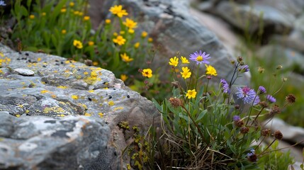 Vibrant and Resilient Wildflowers Thriving Among Rocks in Natural Beauty Scene