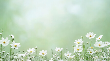Spring meadow with white flowers on green background.