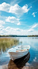 Obraz premium Tranquil Lake Scene with Rowboat.