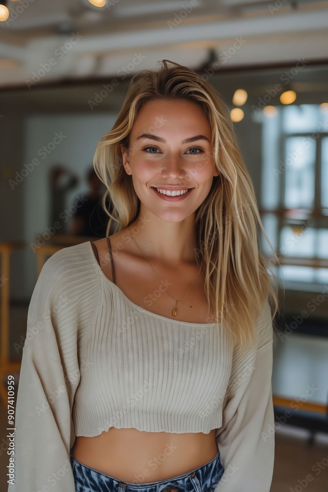 Wall mural a woman in a white sweater smiles at the camera