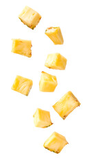 Falling Pineapple Chunks isolated on white background, full depth of field, transparent png background