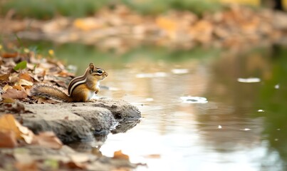 A small chipmunk sits on a rocky edge by a peaceful pond, Generative AI