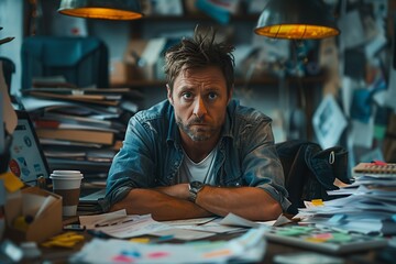 Man with disheveled hair looks stressed while working late at a cluttered desk filled with papers and coffee cups.