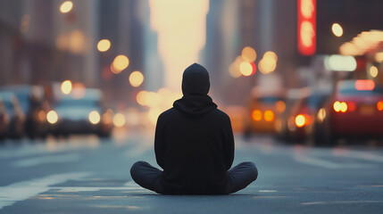 Serene, meditative figure sitting in the middle of a busy, chaotic city street during rush hour.