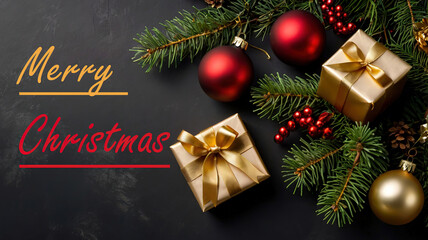 "Merry Christmas" Luxury Black banner background, Red and gold balls and tree with gift box