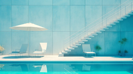 Obraz premium A empty pool area with clean water, sun, and umbrellas, creating a serene and inviting atmosphere