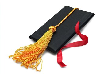Graduation Cap with Yellow Tassel and Diploma Scroll on White Background. Hyper-realistic, High-Resolution Image of Black Hat with Red Ribbon. Perfect for Education and Achievement Concepts.