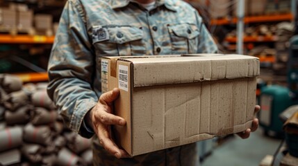 Fototapeta premium Soldier Handling a Brown Cardboard Box in Military Warehouse During Daytime Operations. Generative AI