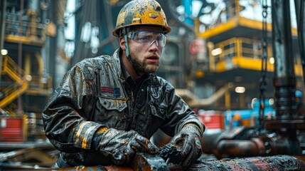 Intense Focus of Oil Rig Worker Repairing Equipment During Daytime Operations In Heavy Rain. Generative AI