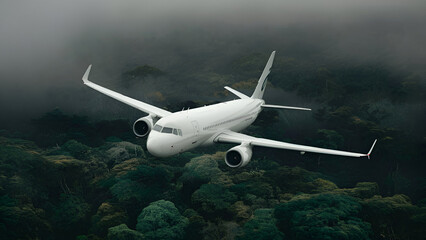 A sustainable biofuel initiative illustrates a white airplane flying over dense greenery, showing a top-down view of the aircraft and its jet engines with a backdrop of a murky,  Generated ai