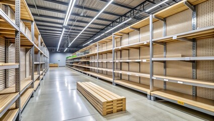 Obraz premium Empty shelves in a deserted supermarket aisle with a single bare wooden pallet in the distance toilet paper shortage crisis.