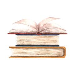 Open book is lying on stack of different books. Composition with textbooks. Hand drawn watercolor illustration isolated. Education concept. Literature and reeding. Template for card, sticker, website.