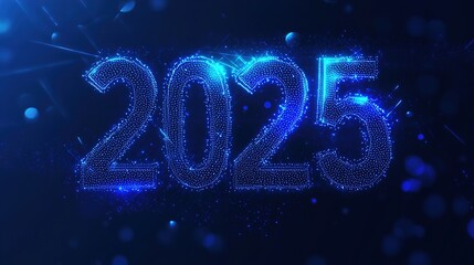Abstract 2025 Happy New Year digital web banner template in futuristic glowing polygonal style on dark blue background.illustration