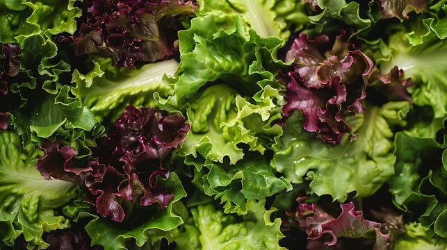 Close up shot of fresh green and red lettuce leaves. The vibrant colors and textures are a testament to the freshness of this healthy produce.