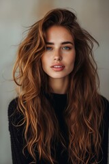 Naklejka premium A woman with long brown hair and blue eyes