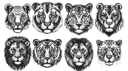 Obraz premium A series of black and white tiger and lion faces