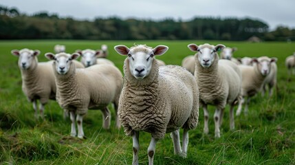 Fototapeta premium A group of sheep are standing in a field