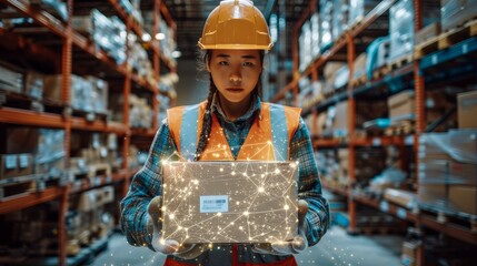 Warehouse Worker Analyzing Package With Digital Connectivity Features During Evening Operations in a Distribution Center. Generative AI