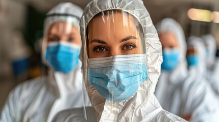 A woman in a white lab coat and a blue mask is standing with other people