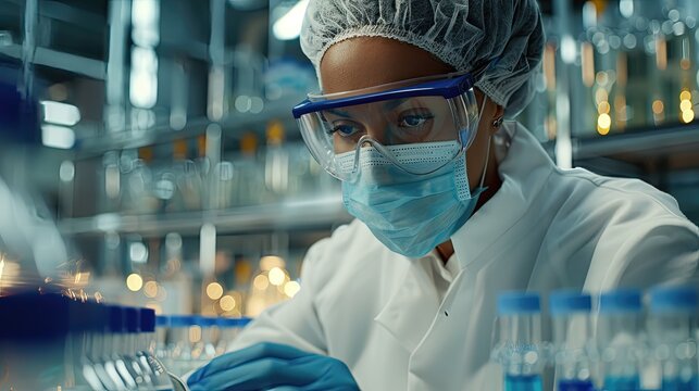 A woman in a lab coat is wearing a mask and gloves