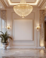 A luxury entrance hall featuring a blank white frame, a standout chandelier, and tasteful decorations.