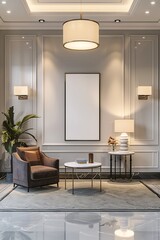 Luxurious foyer showcasing a white frame mockup, sleek lighting, and refined furniture.