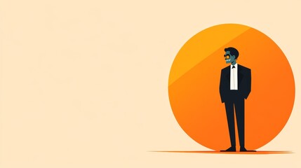 Man in the Spotlight: A stylish businessman stands confidently before a vibrant orange circle, exuding an aura of success and ambition against a minimalist backdrop. 