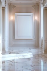 A luxurious hallway with an empty white frame, marble floors, and stylish art pieces.