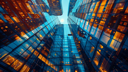 Blue night view of glass buildings in the city center